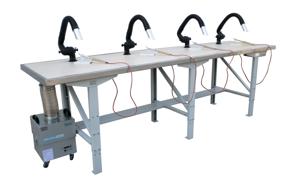 Soldeertafel, 4-personen, incl. afzuigunit met filter, hittebestendig werkblad en soldeerbouten 24V