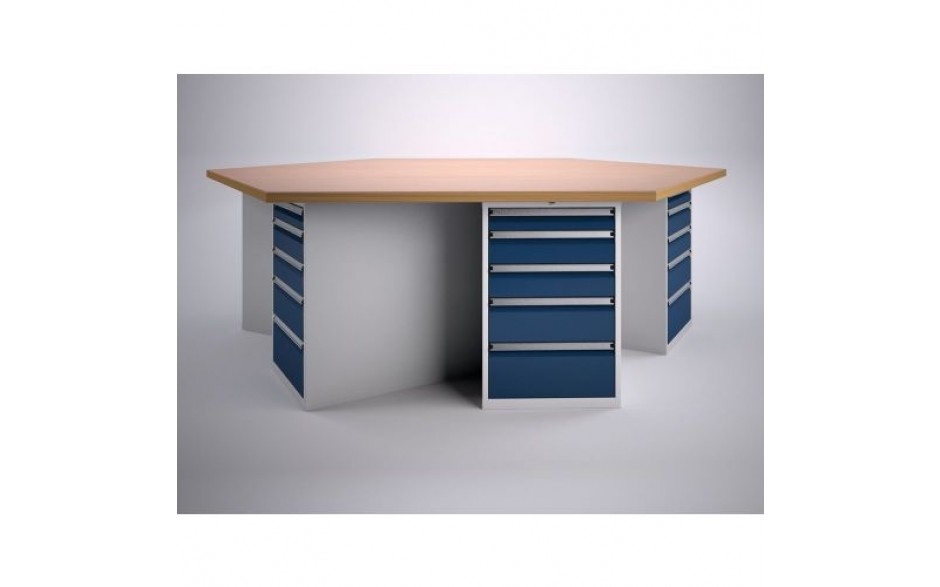 Zeshoek tafel 200 met ladenblokken