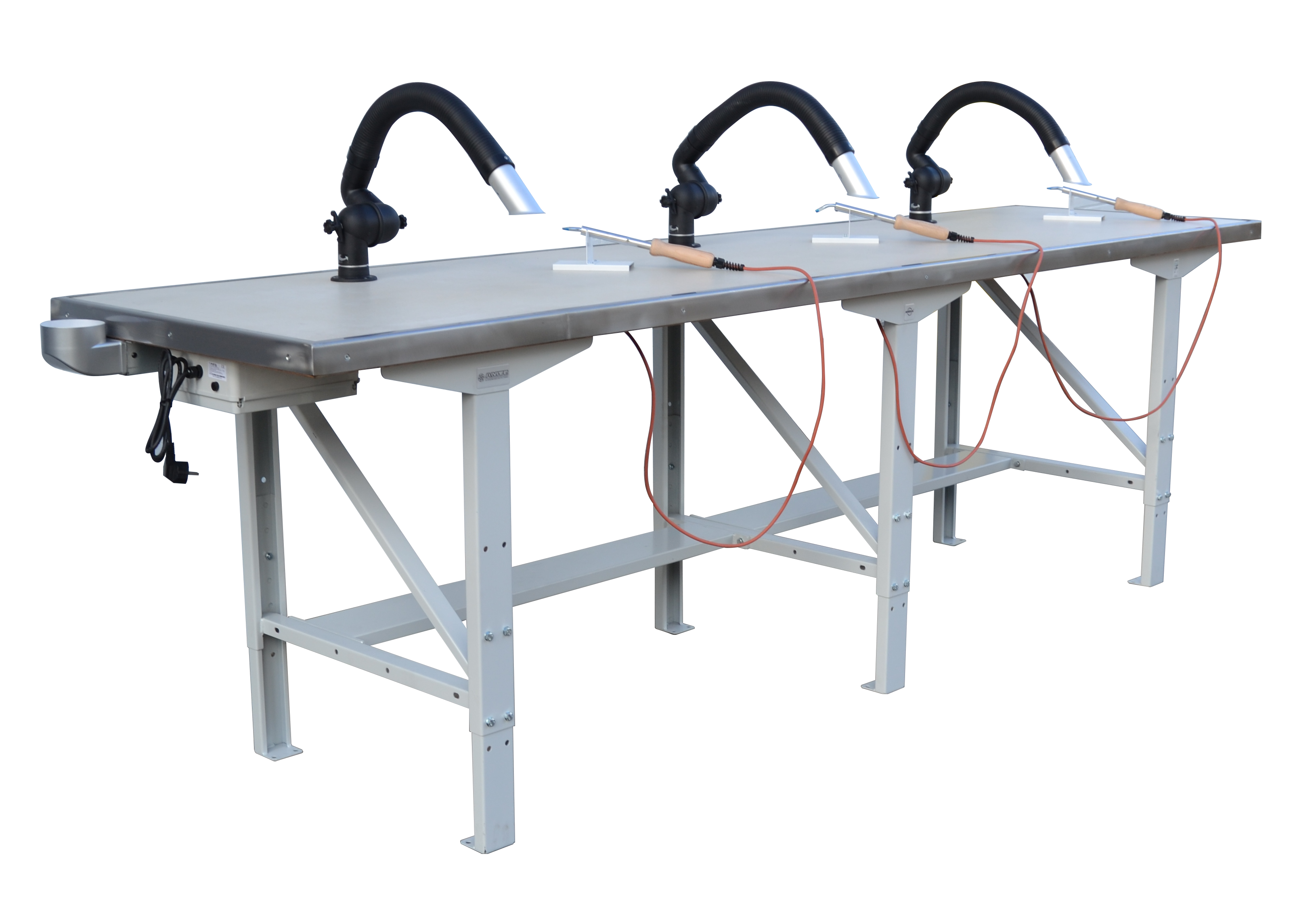 Soldeertafel, 3-personen, incl. afzuigunit met filter, hittebestendig werkblad en soldeerbouten 24V