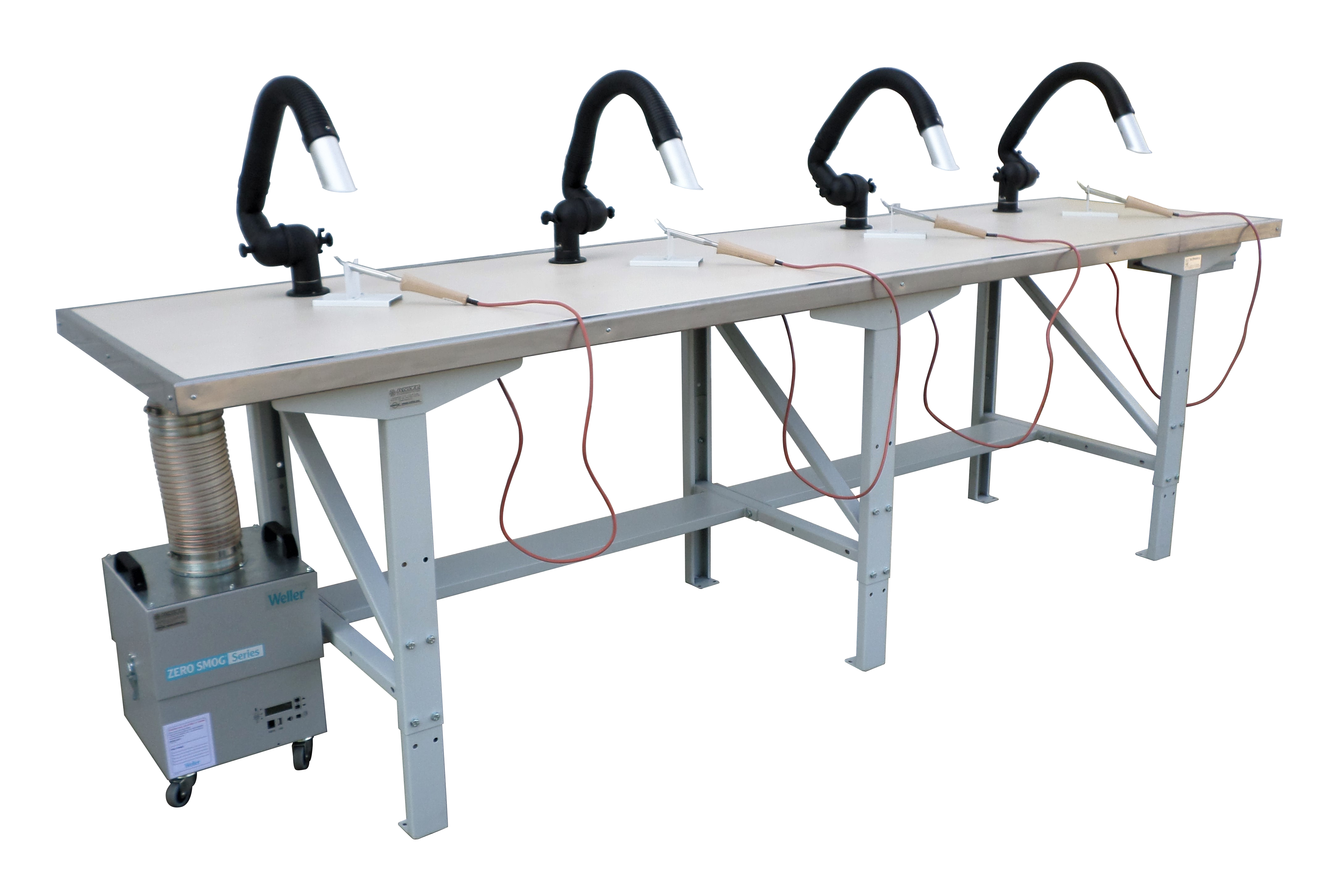 Soldeertafel, 4-personen, incl. afzuigunit met filter, hittebestendig werkblad en soldeerbouten 24V