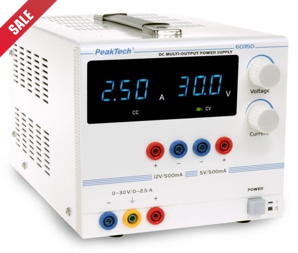 P 6035 D - Digitale Voeding 0 - 30 V/0 - 2,5 A DC, 5/12 V/0,5 A fixed